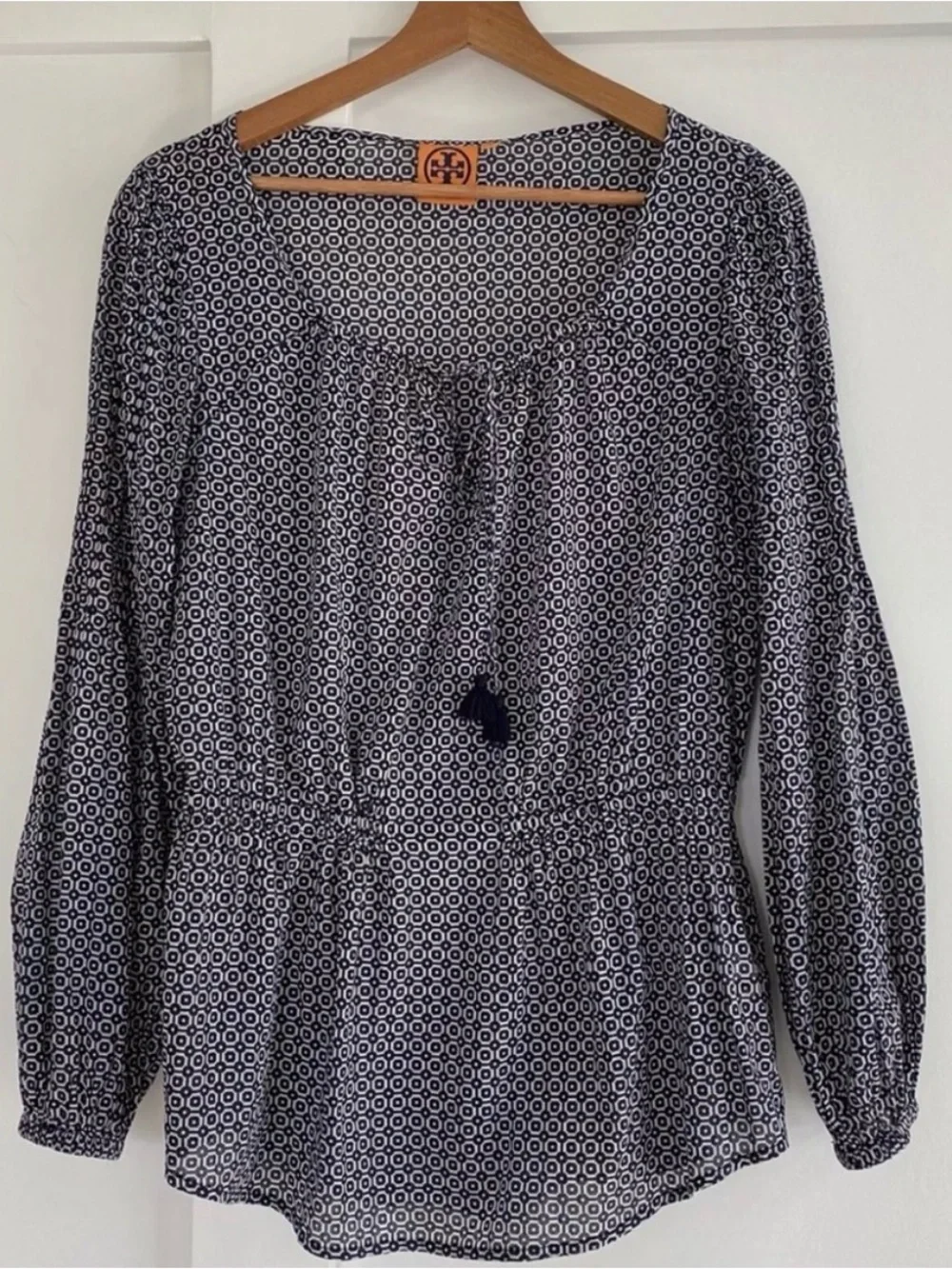 TORY BURCH Evelina Voile Tunic Blouse Top Navy Blue White Print